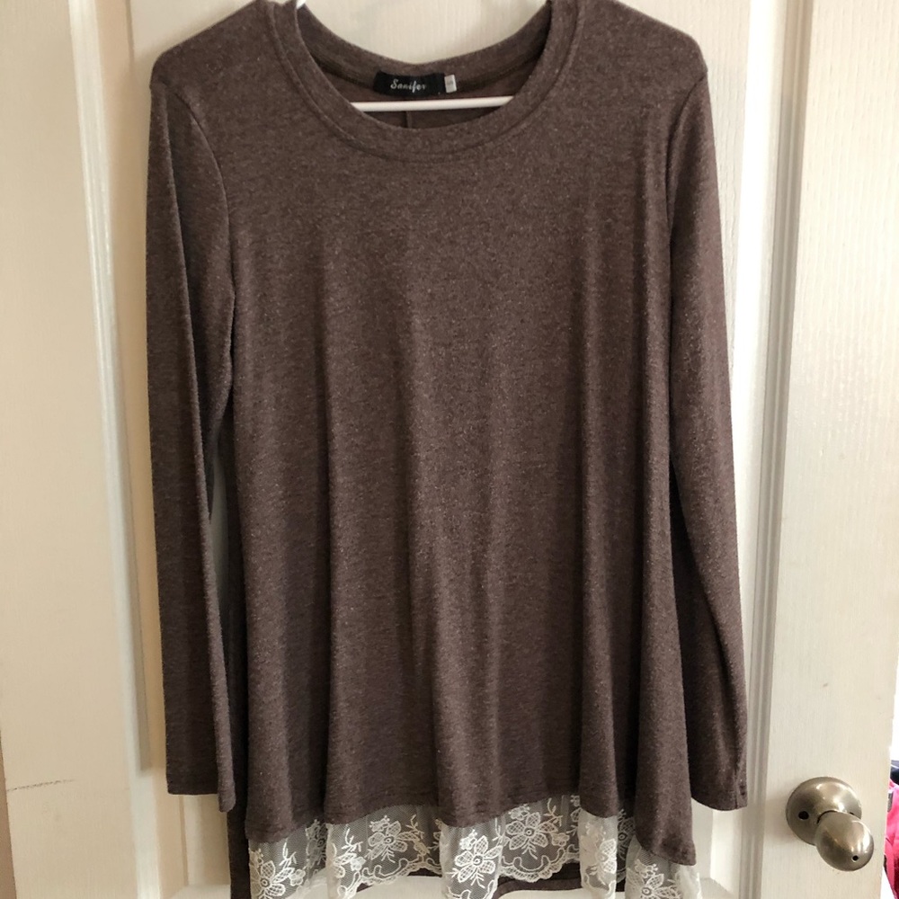 brown long shirt with lace at the bottom